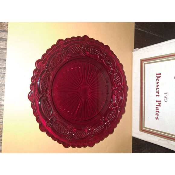 Vintage Avon 1876 Cape Cod Ruby Red Cranberry Pressed Glass Dessert Plates Set - Picture 2 of 5